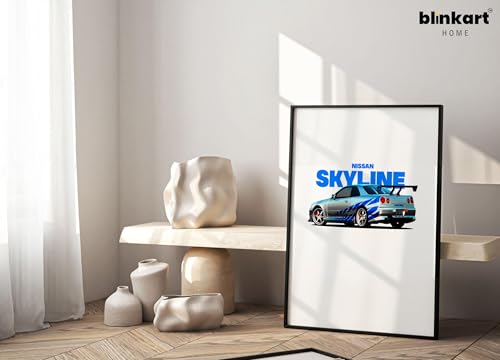 Image of BLINKART Nissan Skyline GT-R (R34) CarFramed Posters Gift Items Boys Room Wall Decoration Bedroom Office Studio Synthetic Wood Frame & Acrylic Glass Ready to Hang - 18x12 Inch, (A4 Size) - CAR-264