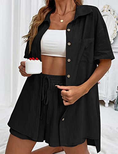 Image of APAFES Women Summer Cotton Linen Short Sets 2 Piece Shorts Top Lounge Beach Vacation Two Piece Outfits Tracksuits