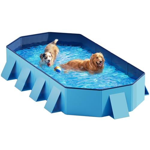Image of Peteast Dog Pool for Large Dogs, Foldable Hard Plastic, 82 x 46 x 12 in | Extra Large Collapsible Pet Bath Tub with Non-Slip Base for Indoor, Outdoor and Backyard Use, Blue