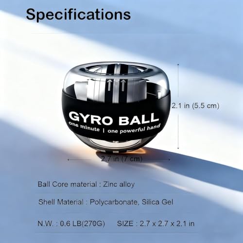 Image of Gyro Ball Auto-Start Power Wrist Trainer with LED Lights, Hand Grip Strengthener and Forearm Exerciser for Wrist, Fingers, Arms and Muscle Training, Self-Starting Fitness Exercise Ball