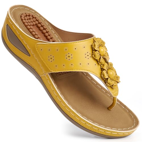 Image of Ecetana Womens Wedge Flip Flops: Orthopedic Cushion Non Slip Sandals - Comfortable Walking for All Day - Stylish Flower Adjustable Thong Sandals for Summer Casual Outing