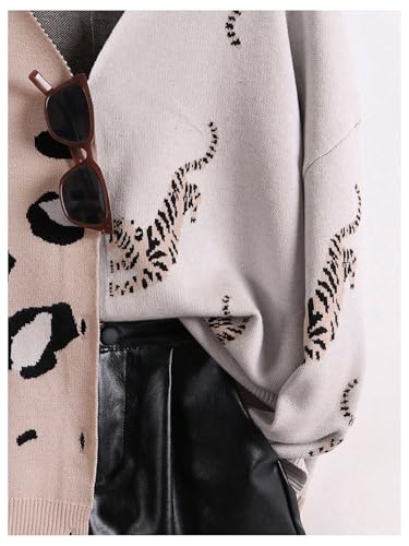 Image of WDIRARA Women's Leopard Tiger Print Cardigan V Neck Long Sleeve Color Block Button Down Sweater Outwear