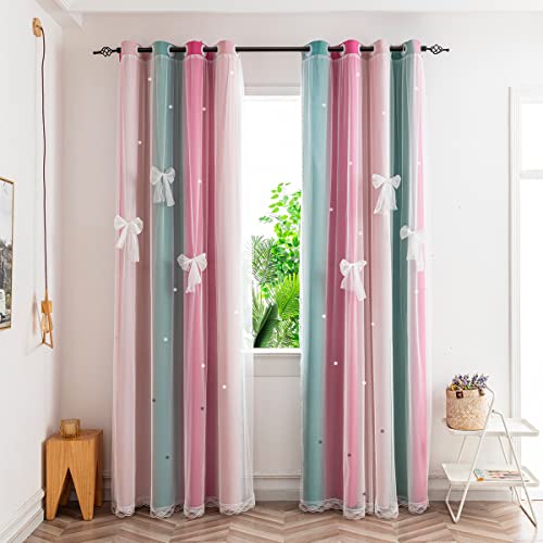 Image of Yancorp Curtains for Girls Bedroom Kids Room Curtain Colorful Window Nursery Curtain 84 inches Length Room Darkening Grommet 2 Layers (Green Red Pink, W52 X L84)