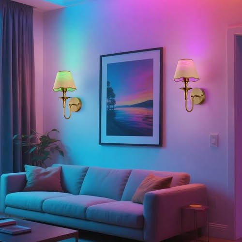 Image of EIDISUNY Battery Operated Wall Sconces Set of 2, Rattan Shade Wireless Wall Sconces, RGB Rechargeable Dimmable, Brass-Color Vintage Wall Sconce for Bedroom, Living Room, Hallway Bulbs Included