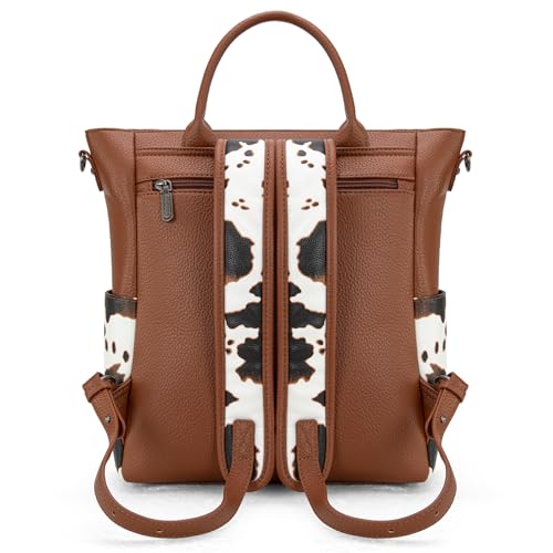 Image of Montana West Wrangler Womens Convertible Backpack Purse Cow Printed Backpack with Adjustable Crossbody Shoulder Strap for Work Travel WG175-9110COW-BR