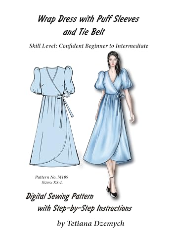 Wrap Dress with Puff Sleeves and Tie Belt: Printable digital sewing pattern with step-by-step instructions for beginners. Sizes XS, S, M, L