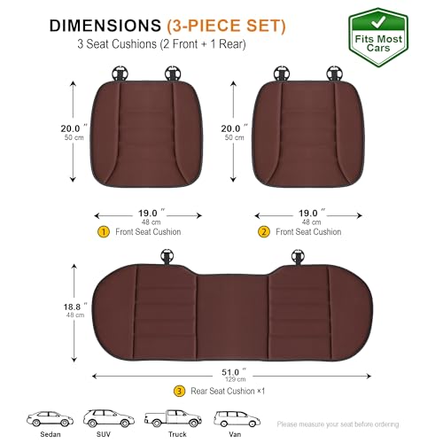 Image of kingphenix 3-Piece Car Seat Cushion Set, 1.2inch Memory Foam Comfort, 2 Front Automotive Seat Cushions + Rear Bench Cushion, Non-Slip Bottom, Fits Sedan SUV Truck Van, Car & Office Chair, Brown