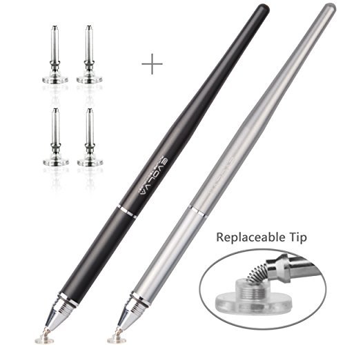 EVOLVA FUTURE TECHNOLOGY Newly Released Elegant Stylus Pen with Extra Long Expectancy Infinite Renewable Capacitive Spring Disc for IPad, iPhone and All Touch Screen Devices (2 Pack - Black + Gray)