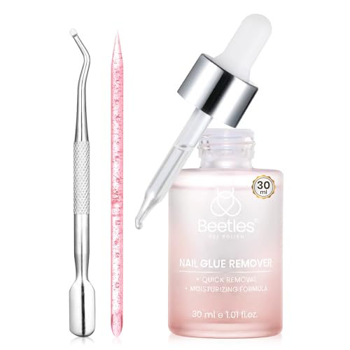 Beetles 30ML Nail Glue Remover for Press On Nails Fast Nail Remover Kit with Steel Cuticle Pusher & Plastic Stick Low-Odor Formula with Vitamin E for Nail Tips Fake Nails & Acrylic Tips