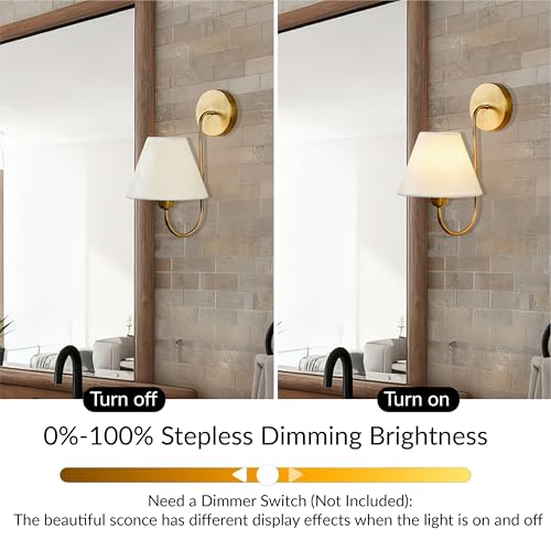 Image of Vintage Single Swoop Wall Sconce with White Linen Shade, Antique Brass Gooseneck Arm Wall Sconce, Elegant Light Fixture for Bedroom, Living Room, Beside The Mirror (7.5 Inch Shade)