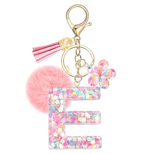 Initial Letter Keychain for Girls, Cute Pink Flower Resin Alphabet Keyrings, Sequins Flower Bag Charm Pendants