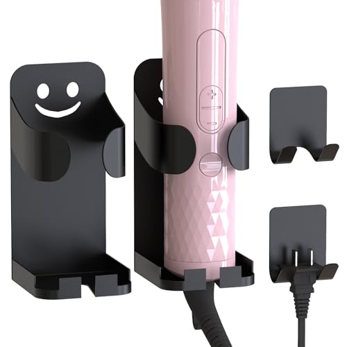 Linkidea Carbon Steel Wall Mount Curling Iron Holder, 2 Pack Hair Tool Bathroom Salon Organizer Storage Stand, Hair Straightener Holder and Plug Holder (Black)