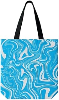 شنطة يد كبيرة توت انيقة بنمط رخامي ازرق، مقابض سوداء، شنطة تسوق قماشية