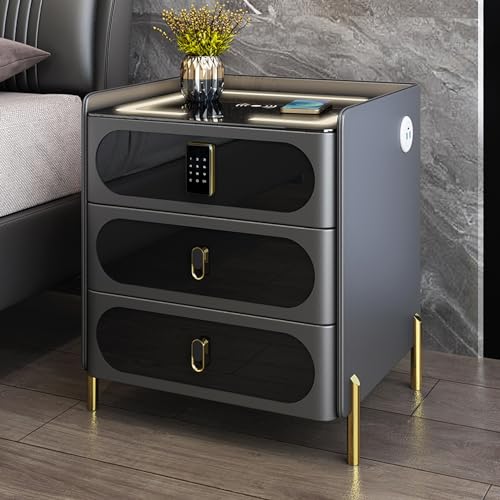 HJYBFA Mesita de Noche Inteligente Cerradura de Huella Dactilar, inalámbrica/USB/Tipo C, Luces LED Ajustables para Dormitorio, 3 cajones de Almacenamiento/Altavoz Bluetooth (co