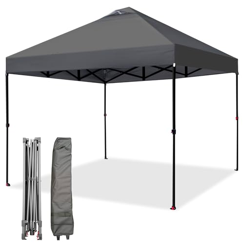 10x10 Pop up Canopy Tent, 1-Button Push Setup Instant Portable Shelter, Adjustable Height Outdoor Canopy with Portable Roller Bag, 4 Sandbags, 8 Stakes, 4 Ropes for Events, Parties, Camping, Gray