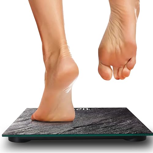 Purefit Digital Bathroom Scale For Measuring Body Weight - Marble Effect Ultra Slim, High Precision, Smart Scale With Led Display - Weighing Scale With Battery Included Lb/Kg/St Max Weight 180KG - 9