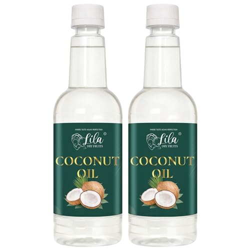 Image of LILA DRY FRUITS Pure Coconut Oil 1.5 L (750 ML x 2) for Cooking & Eating | Edible Cold Pressed Oil for Daily Use | Kachi Ghani Lightweight Natural Cholesterol Free Nariyal ka Tel Indian Food, Baking & Frying
