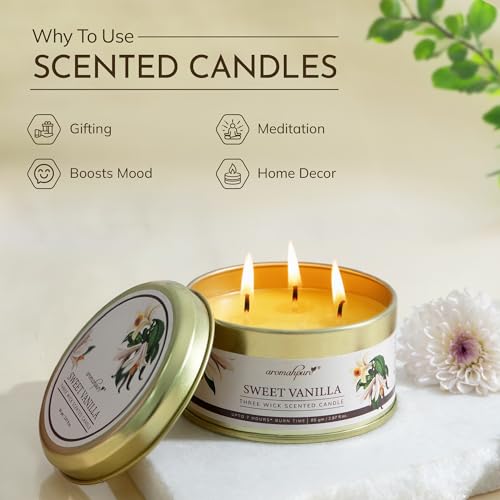 Image of Aromahpure Vanilla 3 Wick Candle in Container with Lid | 85g | Burn Time 7 Hours | Scented Candle | Relaxing Aromatherapy Candles for Home Decor, Gifting, Bedroom & Spa