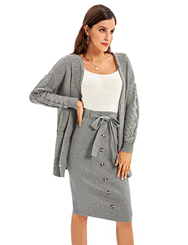 Women's Soft Thick Knitted Skirts Stretchy Knee Length Sweater Skirt Midi Grey M #TOP4