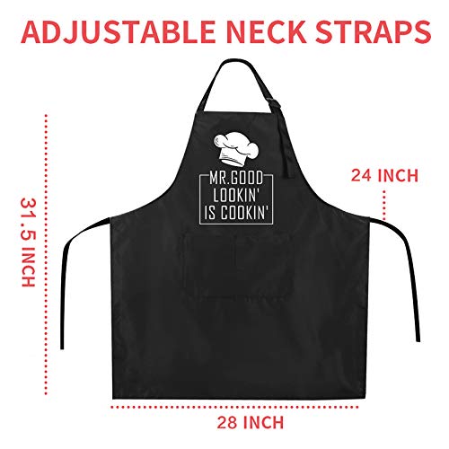Funny Bbq Black Chef Aprons For Men, Mr Goodlookin' Is Cookin', Adjustable Kitchen Cooking Aprons With Pocket Waterproof Oil Proof Father’s Day/Birthday #TOP3