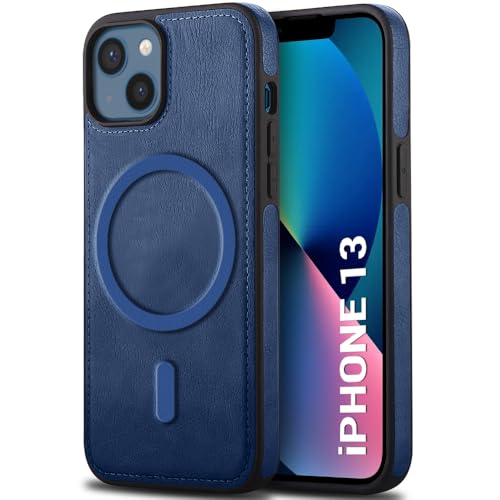 Image of TheGiftKart Genuine Leather Finish Back Cover Case for iPhone 13 | Shockproof Design | Raised Edges for Camera & Screen Protection | Stunning Minimalist Design Case Cover (MagSafe Compatible, Blue)