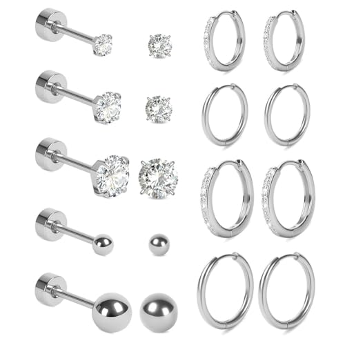 Vicloon Flat Back Earrings for Women 9 Pairs Hypoallergenic Surgical Steel Studs Small Hoops Earrings Set for Cartilage Huggie Hoop Tragus Piercing Jewellery