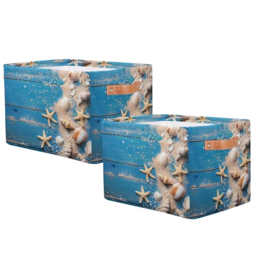 Image of Blue Wooden Board Storage Baskets for Organizing, Fabric Collapsible Storage Bins Box Seashells Decorative Toy Organizer Baskets for Closet Shelves Gift Basket 2Pcs