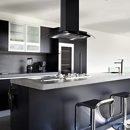 Akdy 36 In. 343 Cfm Convertible Island Mount Range Hood In Black Painted Stainless Steel With Glass And Carbon Filters #TOP1