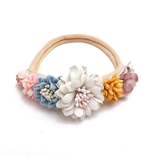 Image of BAKEFY - 3 Pcs Baby Flower Headbands Baby Girls Nylon Headbands Soft Hairbands Hair Accessories for Newborn Infant Toddler Kids（Beige Pink marron ）