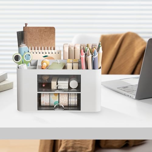 Organizador de Escritorio con 5 Compartimentos y 2 Cajón, Multifuncional Plástico Organizadors Escritorio Desk, Organizador de Escritorio Creativo y Simple para Hogar, Oficina y Escuela(Blanco) - imagen 5