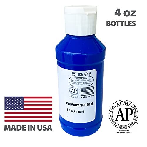 Image of milo Acrylic Paint Set, 6 Primary Colors, 4 oz Bottles, Semi-Gloss | Safe, Non-Toxic, Made in the USA, Arts & Crafts Paints for Artists, Student & Hobby Painters, Paint Pack, Classroom, Bulk