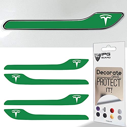 Image of IPG Compatible for Model 3 / Model Y /Juniper Door Handle Decal Sticker Wrap Kit (Set of 4) with Tesla Logo Personalize Your Tesla (Gloss Green)