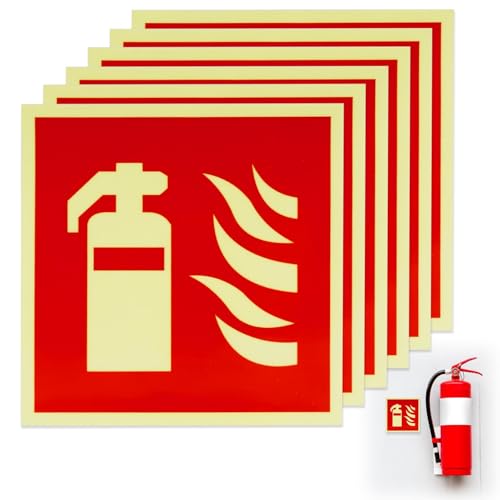 6 Piezas Señales de Extintor de Incendios 15 x 15 cm, PVC Fotoluminiscente Autoadhesiva, Pictograma Según ISO, Pegatina Alarma Protección Contra Incendios para Interiores y Exteriores, Oficina y Hogar