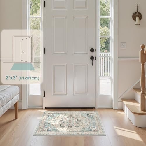 Tortania Area Rug 2x3 Doormat - Washable Vintage Oriental Farmhouse Soft Thin Indoor Carpet for Living Room Bedroom Hallway Entryway Kitchen - Aqua Multi