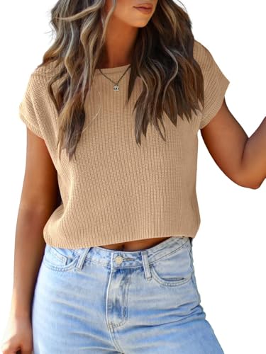 Image of LCXWFE Womens Summer Cropped Sweater Vest Trendy Cap Sleeve Crop Tops Crew Neck Loose Knit Tank Top