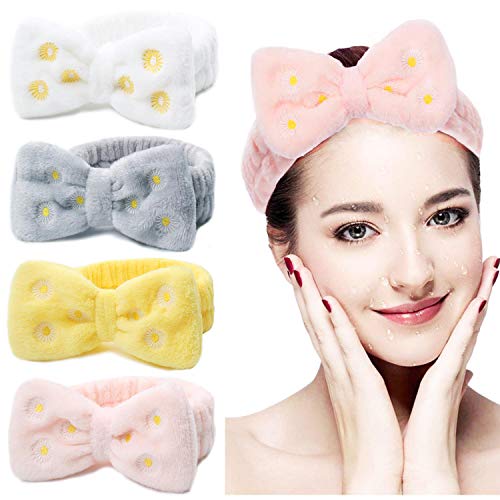 Spa Headband 4 Pack Bow Hair Band Women Facial Makeup Head Band Soft Carol Fleece Head Wrap Hairlace Turban Bowknot Skincare Headbands for Girls Washing Face Shower Mask (White,Yellow,Pink,Gray)