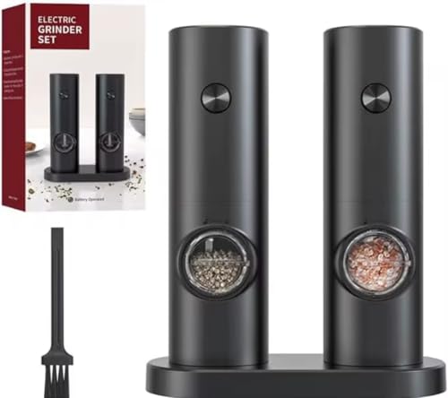 Molinillo de pimienta eléctrica y molino de sal conjunto, negro, alimentado por batería, cerámica triturado, 2 piezas con cepillo de limpieza