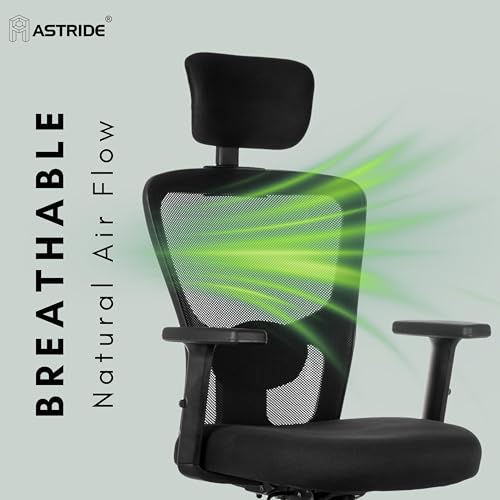 Image of ASTRIDE Aevin Pro Ergonomic Office Chair for Work || 7 Years Warranty || Multi Lock Synchro Mechanism || 2D Soft Arms || 3D Headrest || [Heavy Duty Metal Base, Black]