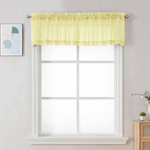 Image of Chyhomenyc Sheer Valances for Windows - Light Filtering Small Window Curtains for Living Room Bathroom Cafe Laundry Basement, Modern Dual Rod Pocket Voile Curtain, 42Wx14L inches, Light Yellow, 2 PCS