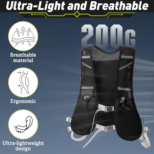 FEMBW Laufweste für Damen und Herren, Atmungsaktive Reflektierender Trinkrucksack mit 500ml Wasserflasche, Trinkweste Laufen mit Mehreren Taschen für Laufen Radfahren Marathon Wandern Camping