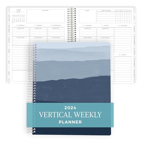 PLUM PAPER Planner - 7 x 9 Aluminum Coiled. 2024 Weekly Planner Spiral Bound, Monthly Planner Made with Premium Materials and Flexible Cover, Vertical Priorities Design (Beloved Cover in Navy)