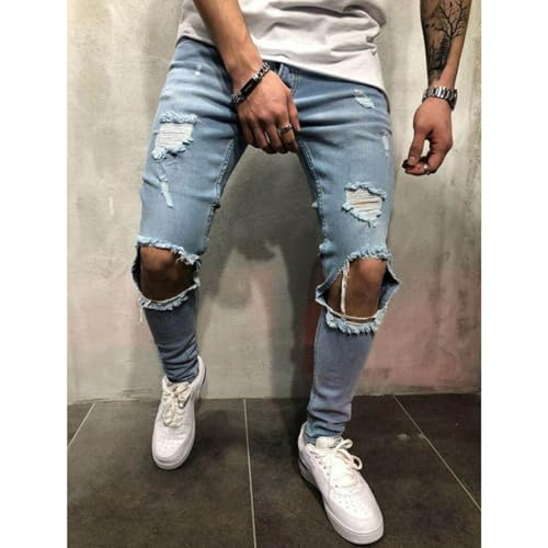 Pants Jeans Denim Trousers Ripped Worn Hole Street Trendy Elastic Tight Fitting Washed for Men3