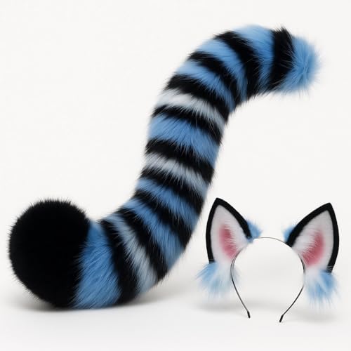 Suncalla Tiger Ears and Tail Set Black Blue White Stripes Costume Accessories for Carnival Role Play Kpop Themed Costume Accessories for Women Party