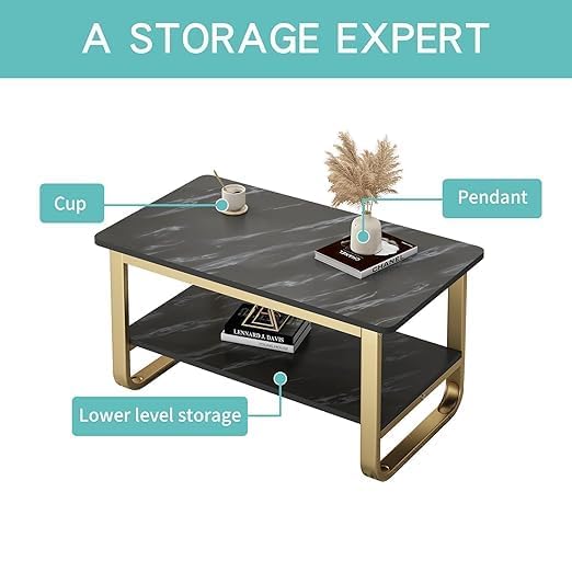 Image of Engineered Wood Coffee Table with Metal Base & 2 Tier Storage | Modern Rectangle Center Table for Living Room Sofa Set | Easy DIY Assembly (90 x 48 x 48 cm) (Gold Black)