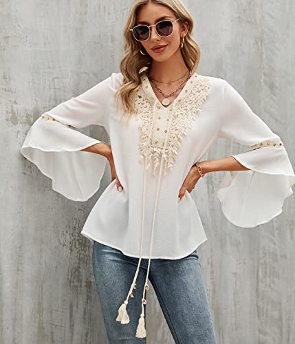 Susanny White Summer Western Fringe Mexican Embroidered Peasant Tunics Tops Hippie Boho Bohemian V Neck Dressy Casual Fashion Blouses Drendy Loose Fit Shirts Petite 3/4 Bell Sleeve Clothes Women 2022 #TOP2