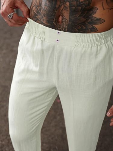 Image of TAGDO Men's Cotton Casual Premium Linen Blend Pants | Lightweight & Breathable Fabric | Elastic Waist with Button | Loose Fit | Perfect for Holidays & Travel (2055)