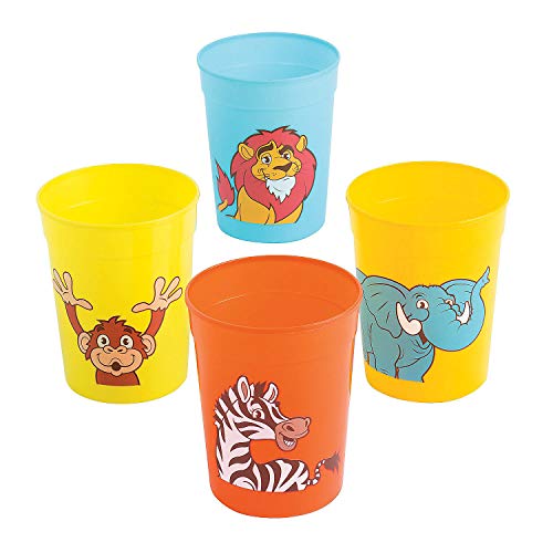 Fun Express Zoo Animal Plastic Cups, Each Holds 10 oz, BPA Free Plastic, Birthday and Party Supplies, Multi-Color - VBS Vacation Bible School Supplies/Decor Set of 12 Tumblers