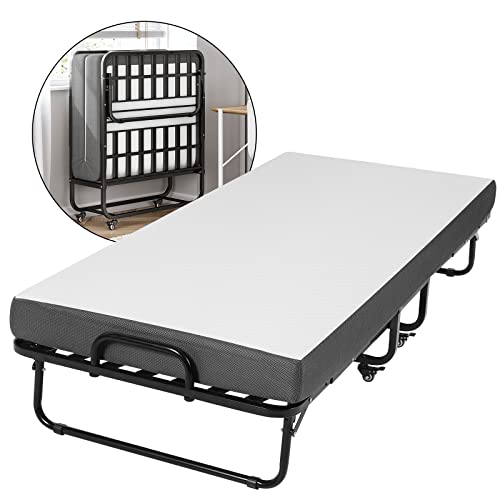 DICTAC Klappbett 90x200cm Erwachsene mit ca.13CM Matratze aus Gedächtnisschaum Gästebett Klappbar Metallrahmen Klappbetten mit Rollen Reisebett Faltbares Metallbett Stabil bis 200 kg belastbar