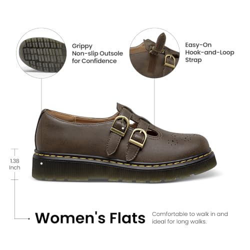 Image of Athlefit Women's Mary Jane Flats Platform Round Toe Comfortable Dressy Adjustable School Office Work Flat Shoes