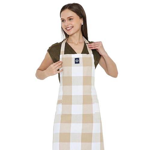 Image of Encasa XO Cotton Cooking kitchen Apron for Women and Men chef apron With adjustable neckstrap, Pocket & Towel Holder for Easy cooking, Baking, BBQ, Gardening- Buffalo Beige Checks, 68x85 cm